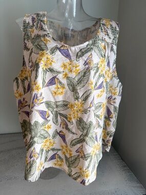 EUC Falls Creek Floral Sleeveless Tank - Tan, Yellow & Green with Purple Print